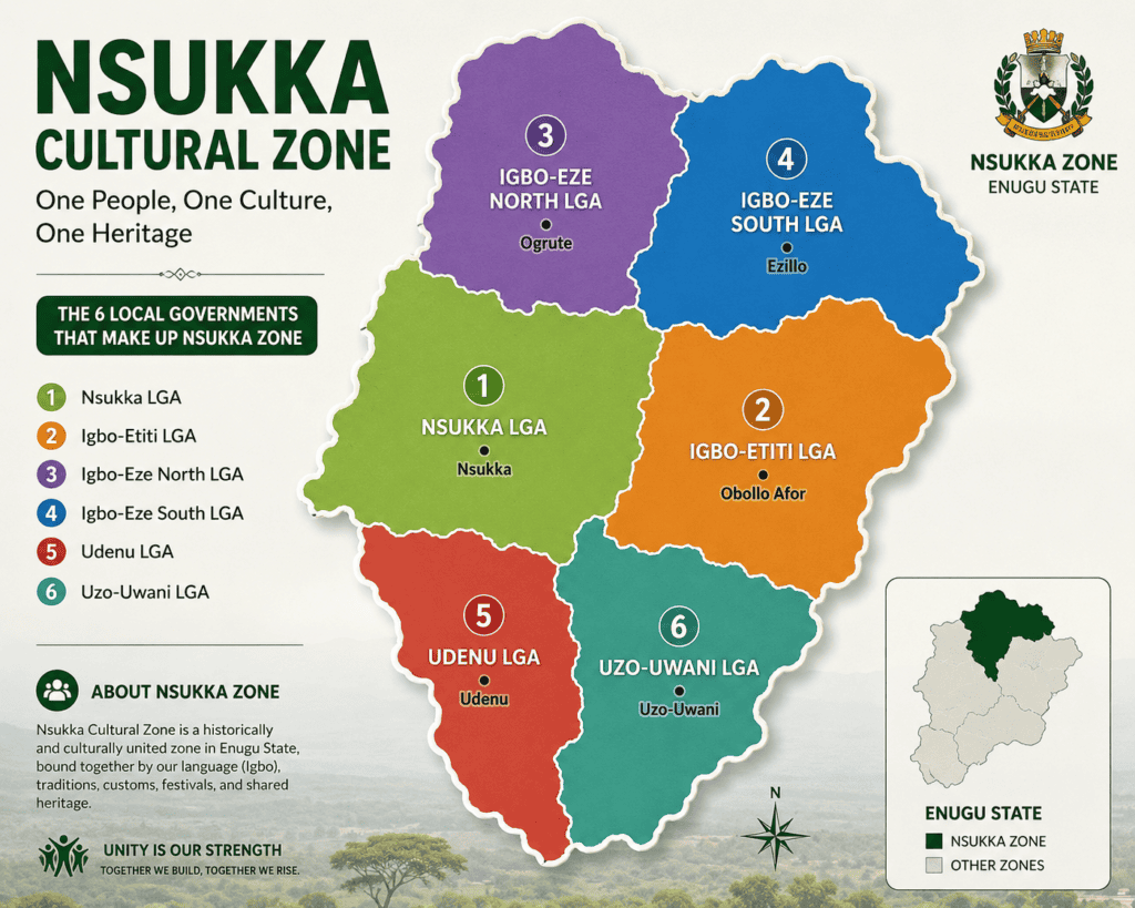 Map of Nsukka Cultural Zone with six local government areas in Enugu State.